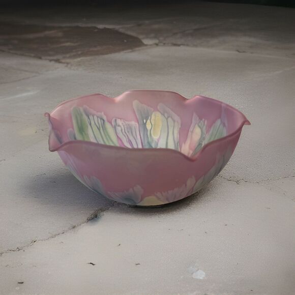 Rueven Glass Bowl By Nouveau Art Glass Co., Inc USA 9 Inch Hand Painted Sticker - Picture 3 of 11